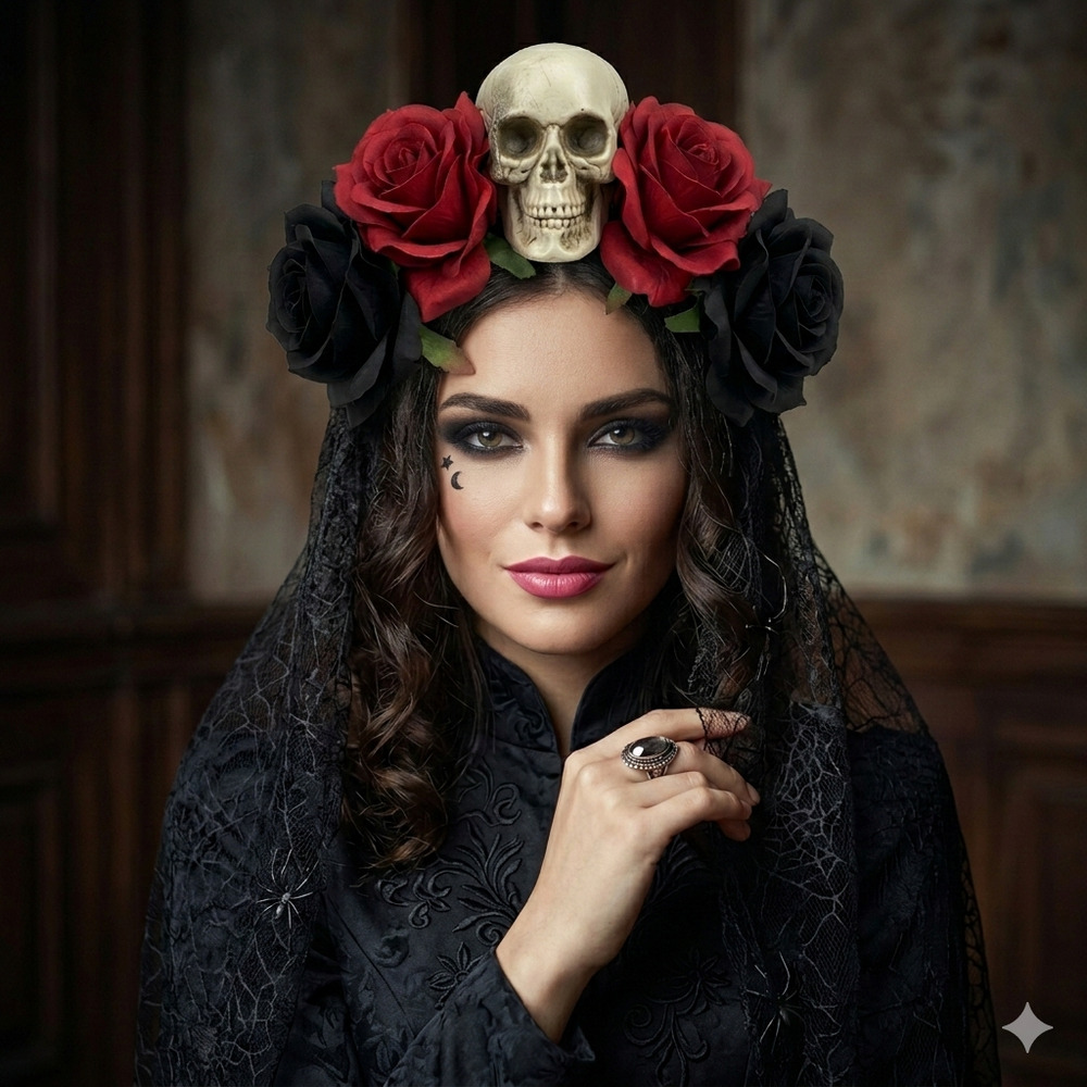 Day of the Dead Skull & Rose Headband with Shoulder-Length Lace Veil